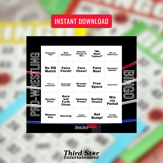Advertisement for a printable Pro Wrestling BINGO party game featuring colorful bingo cards with wrestling-themed events, perfect for fans and game nights.
