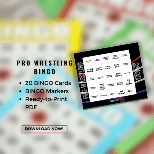 Advertisement for a printable Pro Wrestling BINGO party game.