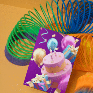 A birthday card with a rainbow Slinky in the background