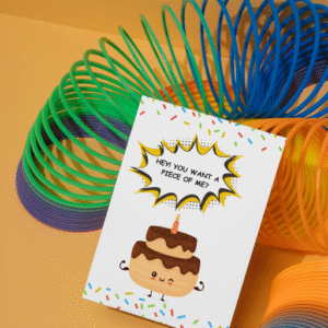 A birthday card with a rainbow Slinky in the background