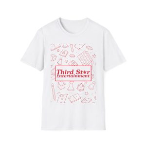 Image of the white Third Star Entertainment t-shirt. The Third Star Entertainment logo is red and pattern on the shirt includes a pencil, playing cards, dice, checker board, and game pieces.
